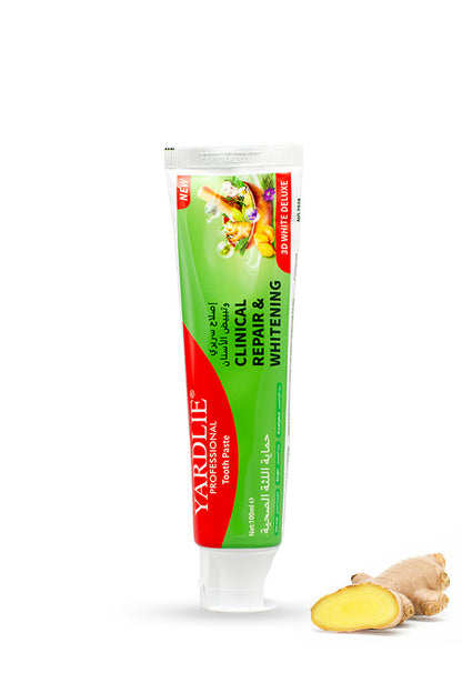 Yardlie Professional Repair and Whitening toothpaste 3D White Deluxe 100ml green double mint pack,
A tube of Yardlie Professional Clinical Repair & Whitening toothpaste stands upright on a white background, with a sliced piece of fresh ginger placed at the bottom right.