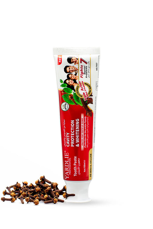 Yardlie Professional Cavity Protection and Whitening toothpaste 3D White Deluxe 100ml double mint pack,
A tube of Yardlie Gummy Protection & Whitening Tooth Paste stands upright on a white background, with a small pile of whole cloves placed in front of the tube.