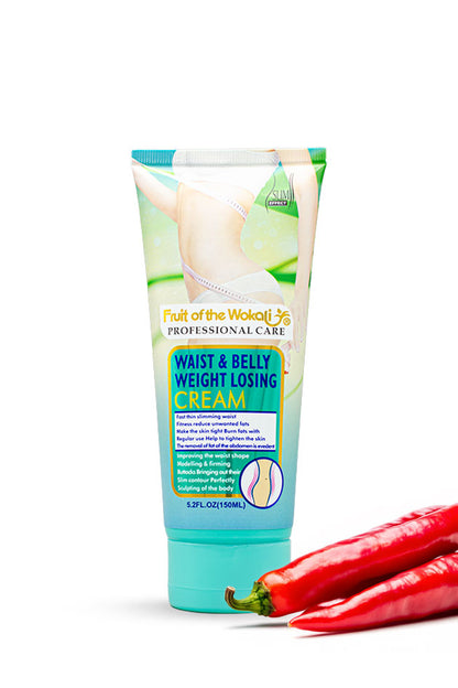 Fruit of the Wokali Waist and Belly Body Firming Massage Cream 150ml tube and box,
A tube of Fruit of the Wakoli Professional Care Waist & Belly Weight Losing Cream, styled with three red chili peppers on a clean white background.