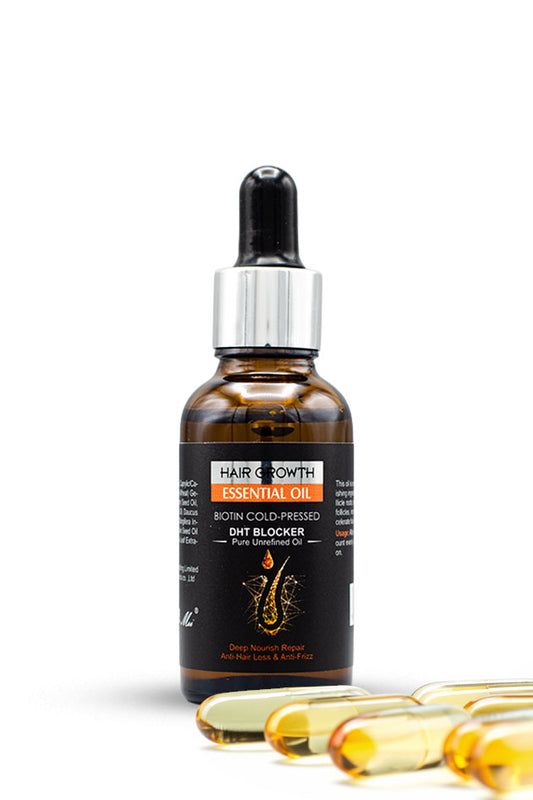 Pei Mei Hair Growth Essential Oil 30ml bottle available in Pakistan at Yardlie
An amber glass dropper bottle of Hair Growth Essential Oil DHT Blocker with a black label and silver collar, shown on a white background with several gold capsules in the foreground.