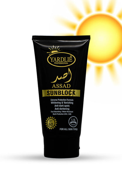 Yardlie Professional Assad Sunblock SPF 60 150ml with UVA UVB protection, water resistant formula and fast absorbing sun care for Pakistan