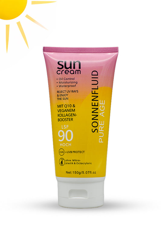 XQM Sun Cream SPF 90 oil control waterproof sunscreen 150g for all skin types, Sunscreen cream tube with pink and yellow design on a white background