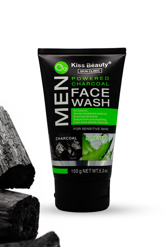Kiss Beauty Men Powered Charcoal Face Wash 150g with Aloe Vera for sensitive skin, Kiss Beauty Men's Charcoal Face Wash tube with charcoal pieces on a white background