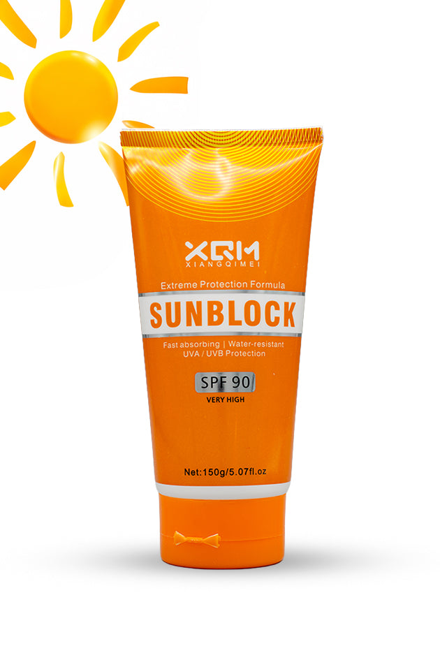 XQM Sunblock SPF 90 extreme protection formula 150g for all skin types, Orange sunblock tube with SPF 90 on a white background