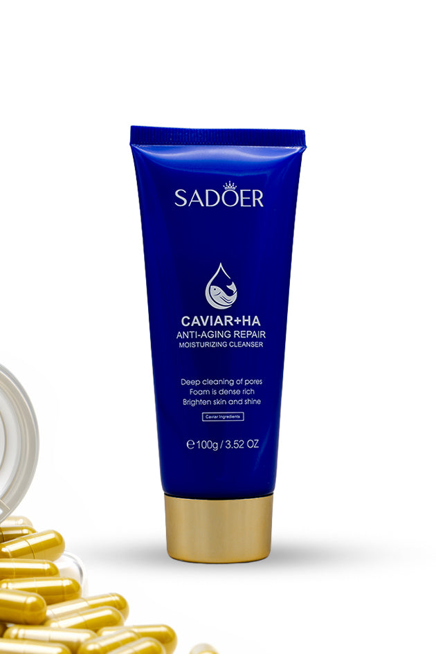 SADOER Caviar Hyaluronic Acid anti aging repair moisturizing cleanser 100g, Blue skincare tube labeled 'SADOER' with gold cap on a white background