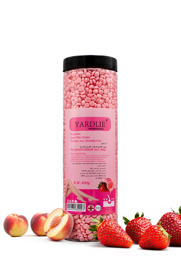 Yardlie Brazilian Hard Wax Beans Peaches and Strawberries 400g no strip hair removal wax,
Pink container of Yardley body scrub with peaches and strawberries on a white background