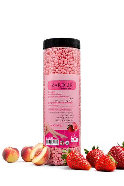Yardlie Brazilian Hard Wax Beans Peaches and Strawberries 400g no strip hair removal wax,
Pink container of Yardley body scrub with peaches and strawberries on a white background