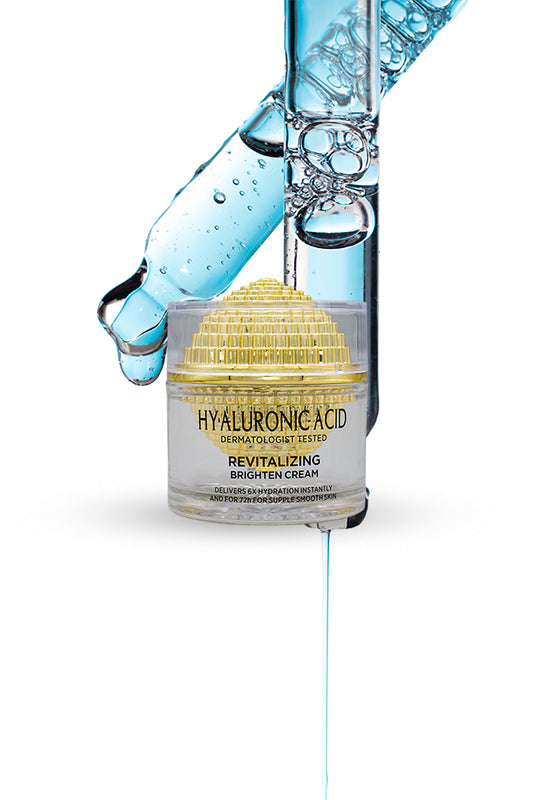 Hyaluronic Acid regenerating revitalizing brighten cream 60g box packaging front view, Skincare cream with hyaluronic acid and water droplets on a white background