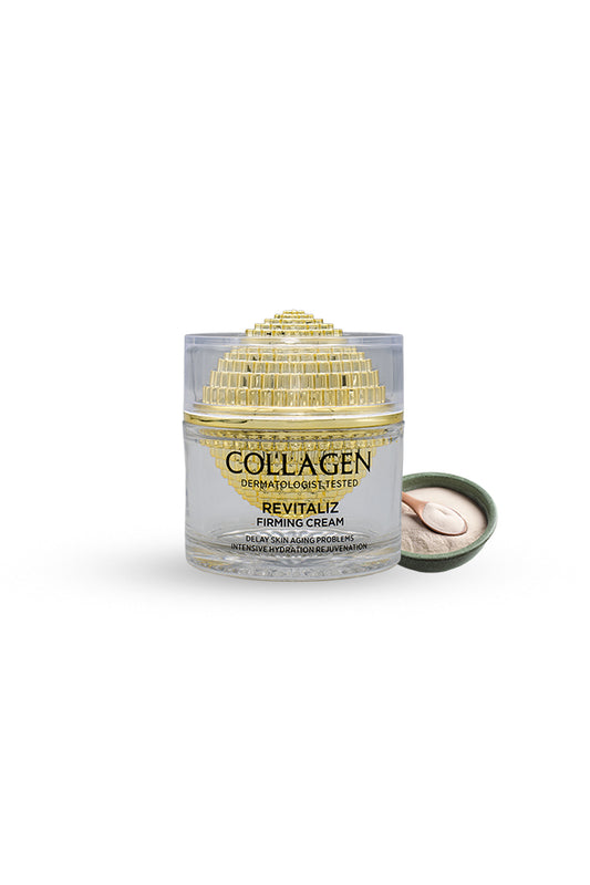 Wokali Collagen Revitaliz firming cream glass jar packaging with gold lid, Jar of collagen cream with a decorative top on a white background
