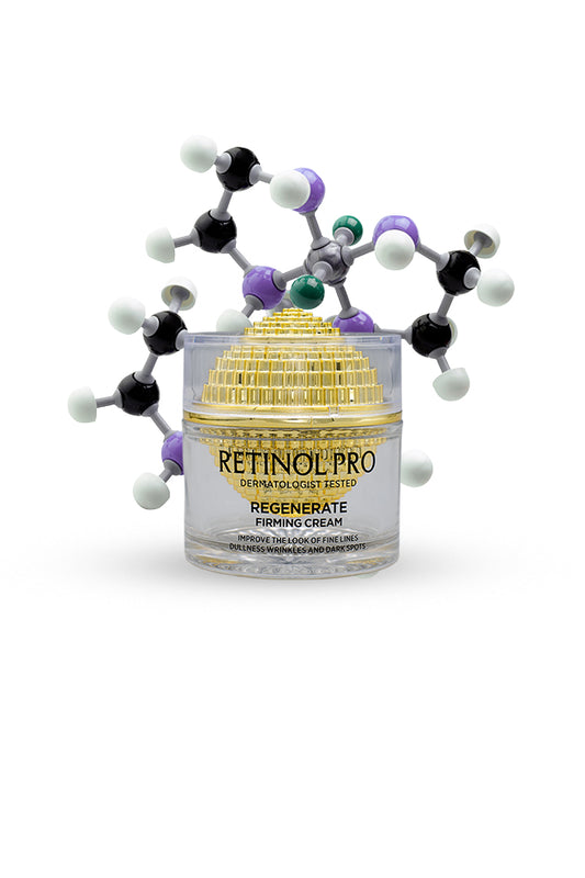 Wokali Retinol Pro Regenerate firming cream glass jar with molecular design background, Retinol cream with molecular model on a white background