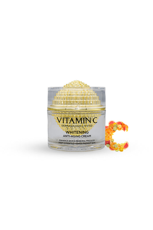 Vitamin C brightening whitening anti aging face cream 60g box packaging front view, Vitamin C whitening anti-aging cream with colorful letter 'C' on a white background
