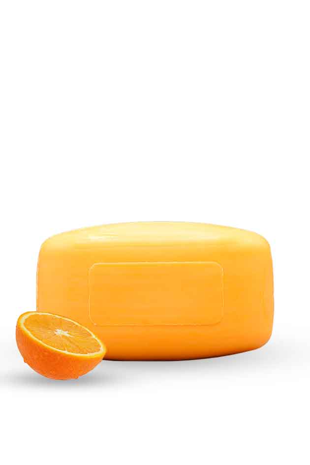 Yardlie Vitamin C brightening essential soap box with orange soap bar on white background, Orange fruit with a half-cut orange on a white background