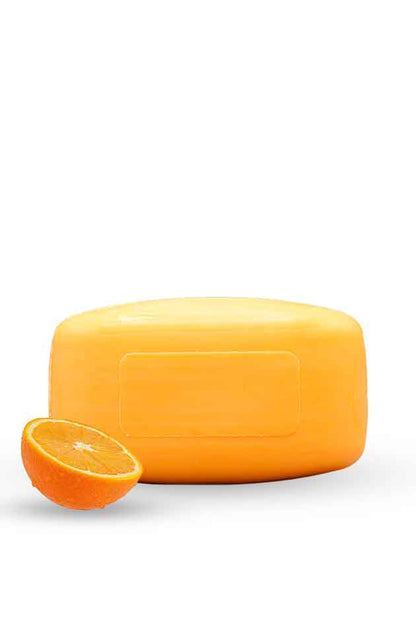 Yardlie Vitamin C brightening essential soap box with orange soap bar on white background, Orange fruit with a half-cut orange on a white background