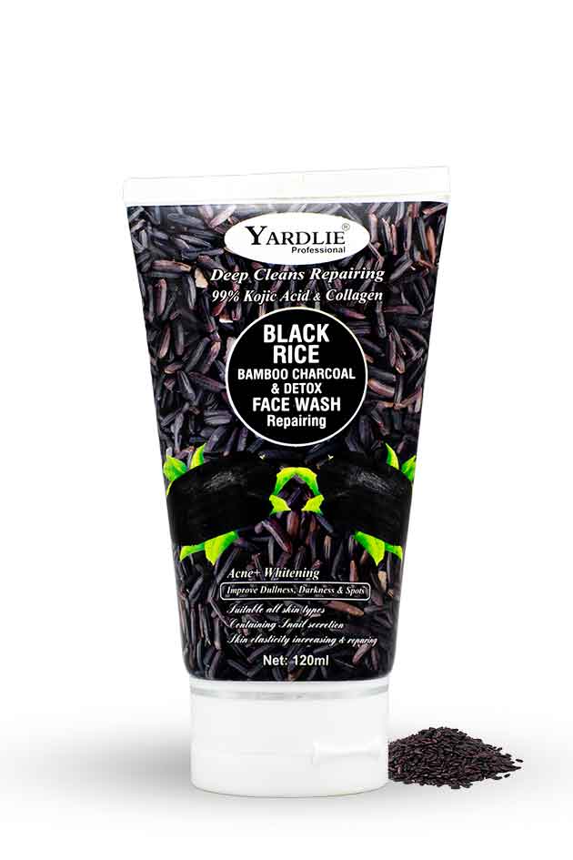 Yardlie Professional Black Rice Bamboo Charcoal Detox Face Wash tube 120ml on white background, Yardlie Black Rice Bamboo Charcoal Face Wash tube with black rice on a white background