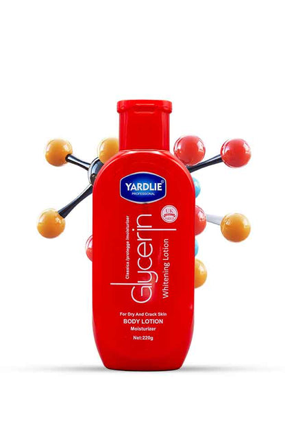 Yardlie Professional Glycerin Whitening Body Lotion 220g bottle for dry and cracked skin moisturizer, Red bottle of Yardley Glycerin body lotion on a white background