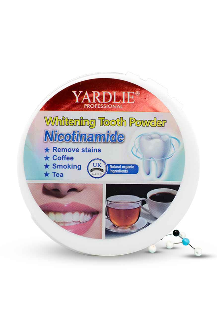 Yardlie Professional Nicotinamide Whitening Tooth Powder for coffee tea and smoking stain removal in round pack, Yardlie Whitening Tooth Powder packaging with images of a mouth, coffee, and tea on a white background.