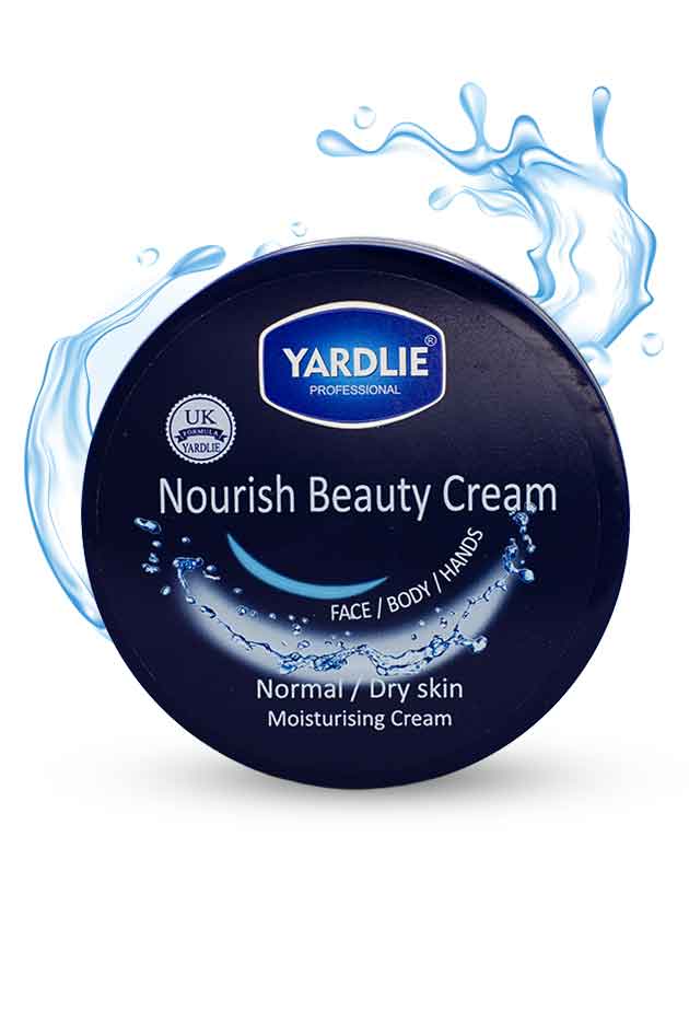 Yardlie Professional Nourish Beauty Cream tin for normal to dry skin moisturising cream for face body and hands, Yardlie Nourish Beauty Cream container with blue design and water droplets on a white background