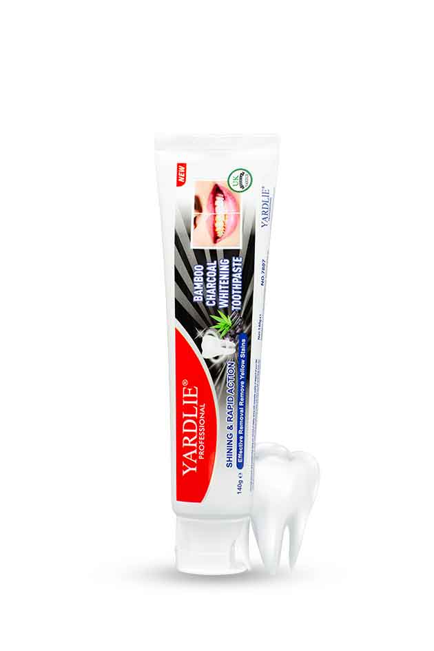 Yardlie Professional Bamboo Charcoal Whitening Toothpaste 140g tube for fresher breath and brighter looking teeth, Yardley Professional Black Charcoal Whitening Toothpaste on a white background