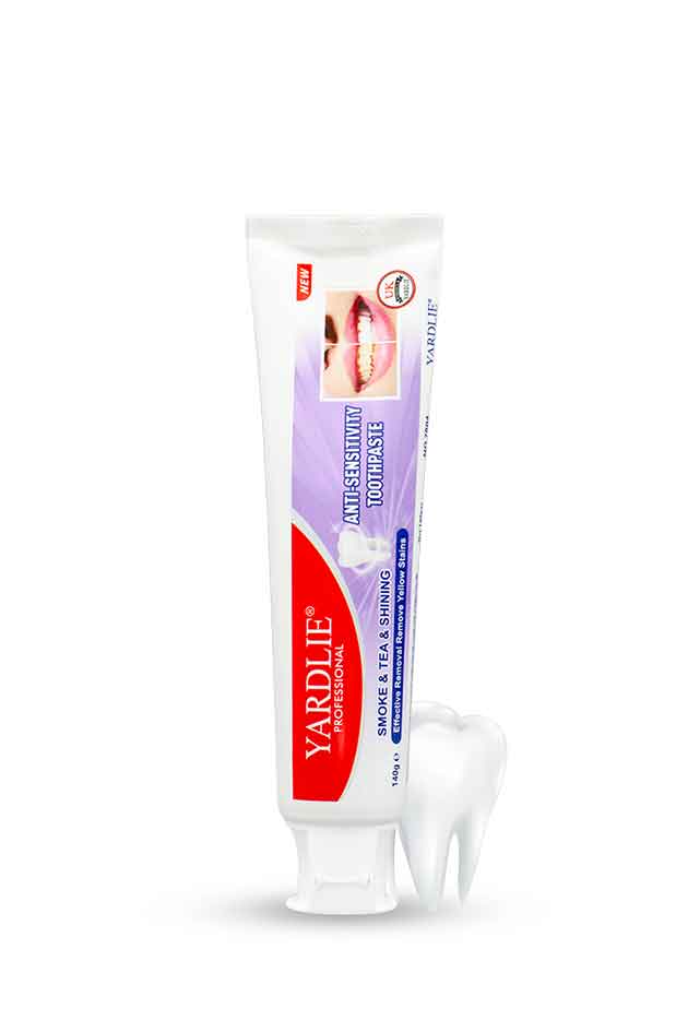 Yardlie Professional Anti Sensitivity toothpaste 140g for smoke and tea stains with daily oral comfort, Yardley toothpaste tube on a white background