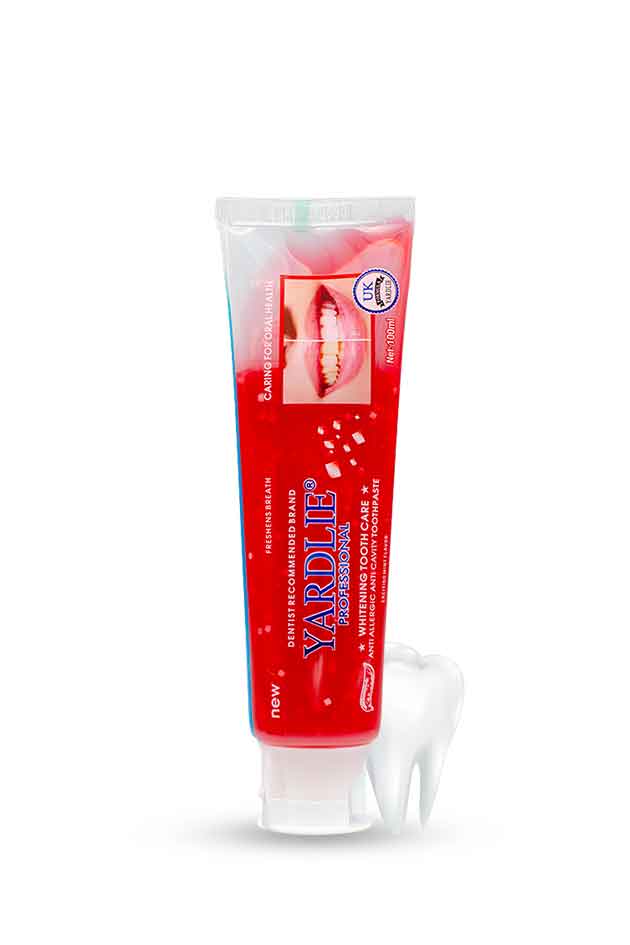 Yardlie Professional Whitening Tooth Care toothpaste 100ml red tube for fresh breath and brighter looking teeth, Red tube of Yardley toothpaste on a white background
