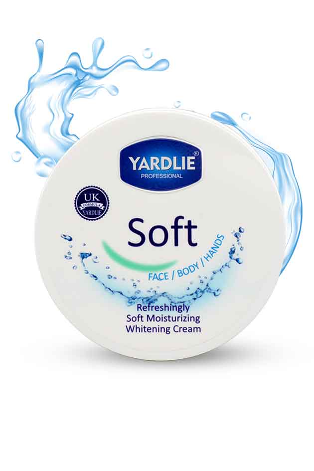 Yardlie Professional Soft moisturizing brightening cream jar for face body and hands with water splash background, Yardlie Soft moisturizing cream container with blue water droplet graphics on a white background