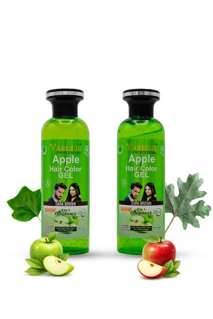 Yardlie Professional Apple Hair Color Gel Dark Brown Ammonia Free 2 in 1 Fragrance, Two bottles of Yanhee Apple Hair Color Gel with apple slices and leaves on a white background