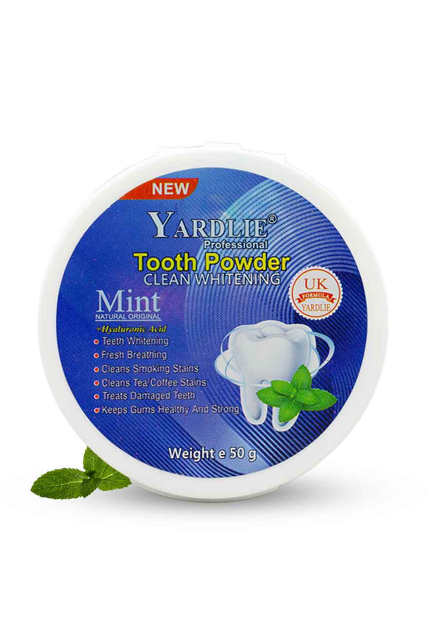 Yardlie Professional Mint Tooth Powder Clean Whitening with hyaluronic acid UK formula 50g pack, Yardley Mint Tooth Powder container on a white background