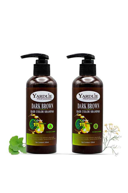 Two pump bottles of Yardlie Professional Hair Dye Shampoo Mixing Paste in Dark Brown color, with product information and ingredients visible on the labels.