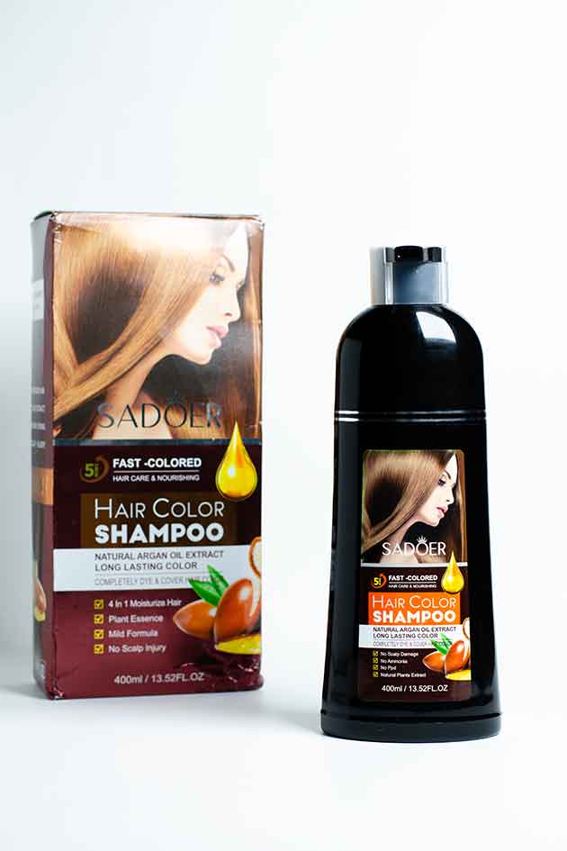 SADOER Hair Color Shampoo 400ml bottle and box stock clearance damaged packaging, Sadorer Hair Color Shampoo packaging with a bottle on a white background