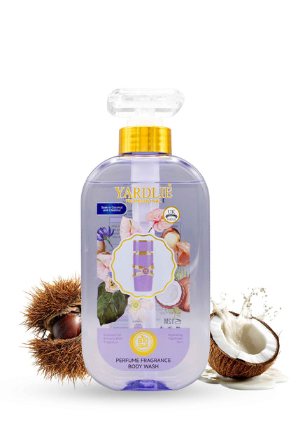 Yardlie Professional coconut chestnut perfume fragrance body wash bottle with coconut and chestnut visuals, Yardley London perfume fragrance body wash bottle with natural elements on a white background
