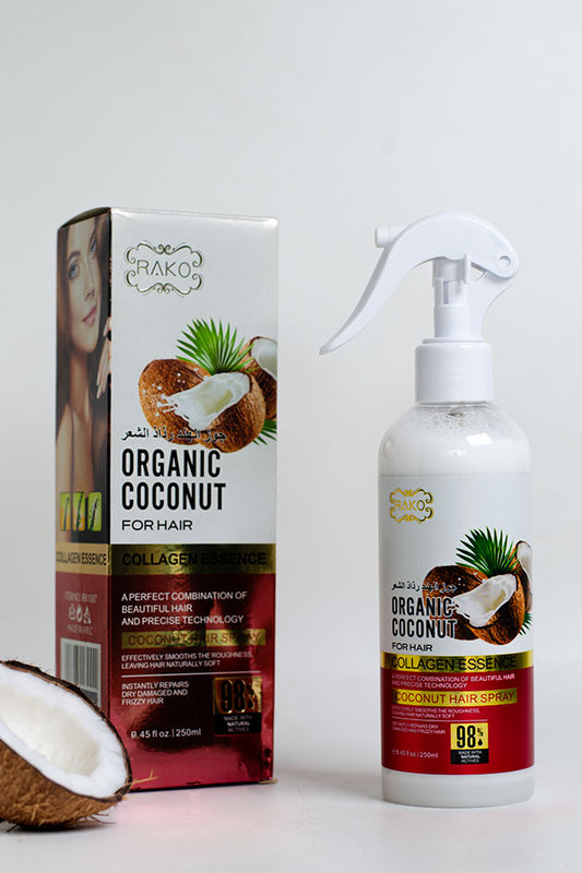 RAKO Organic Coconut Hair Spray with Collagen Essence 250ml, Leave In for Dry Frizzy Hair (Last Piece, Stock Clearance)