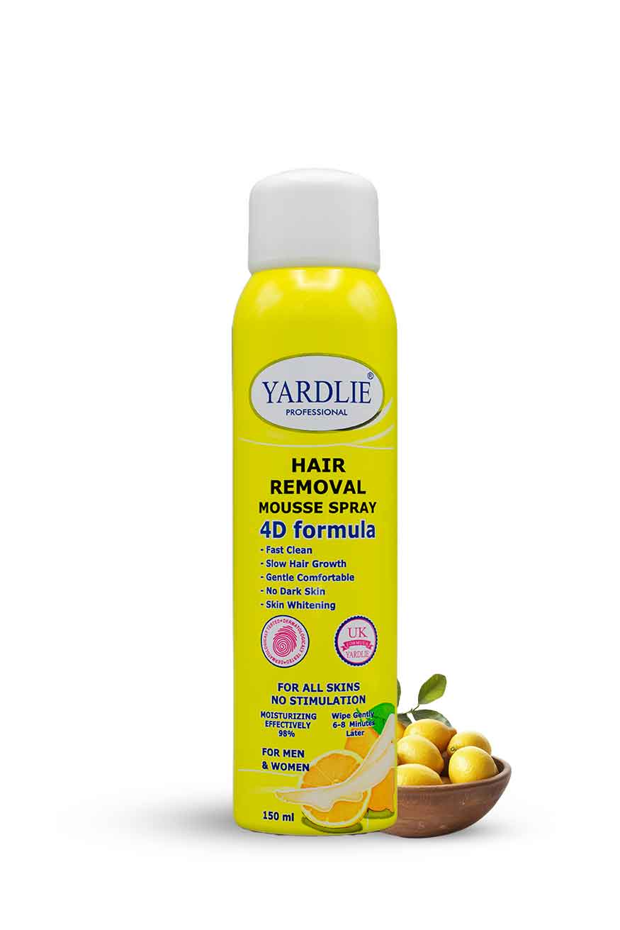 Yardlie Professional Lemon Hair Removal Mousse Spray 150ml 4D formula bottle front view, Yellow hair removal spray bottle with branding on a white background