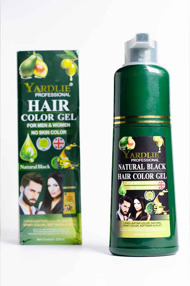 Yardlie Professional Natural Black Hair Color Gel Clearance Stock 15% Leak – Box and Bottle. Yardlie Natural Black Hair Color Gel packaging and bottle on a white background