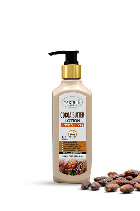 Yardlie Professional Cocoa Butter Lotion 240ml pump bottle for face and body,
A bottle of Yardlie Cocoa Butter Lotion with a black pump and gold collar, shown on a white background with cocoa beans scattered at its base.