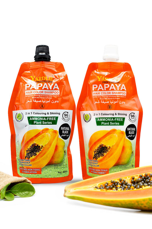Yardlie Professional Papaya Hair Color Shampoo Natural Black 250ml x 2 ammonia free hair colour kit,
Two pouches of Yardley Papaya Hair Color Shampoo and Color Shine in a 2-in-1 formula, displayed on a white background with a sliced papaya and a sprig of basil as props.