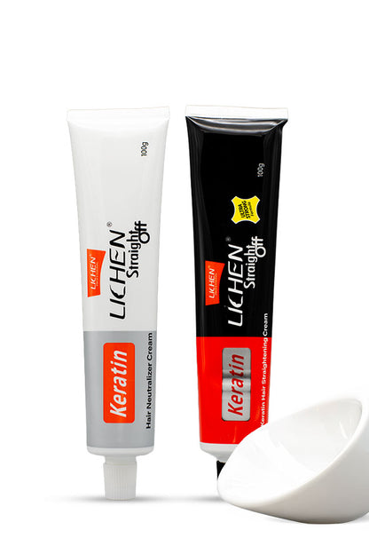 Lichen Straight Off Keratin Hair Straightening Cream Ultra Strong two step kit with neutraliser 100g x 2,
Two tubes of LICHEN Straight Off keratin hair straightener cream, one white and one black, with a small white spatula bowl in front, on a white background.