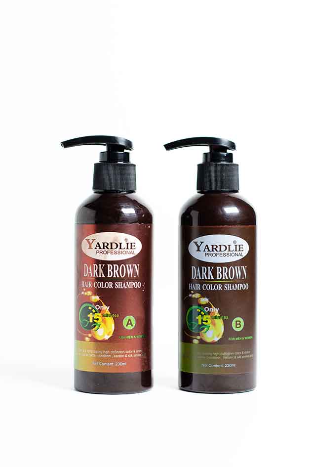 Yardlie Professional Dark Brown Hair Color Shampoo 230ml clearance no box leaked bottle, Two bottles of Yardlie Dark Brown hair color shampoo on a white background