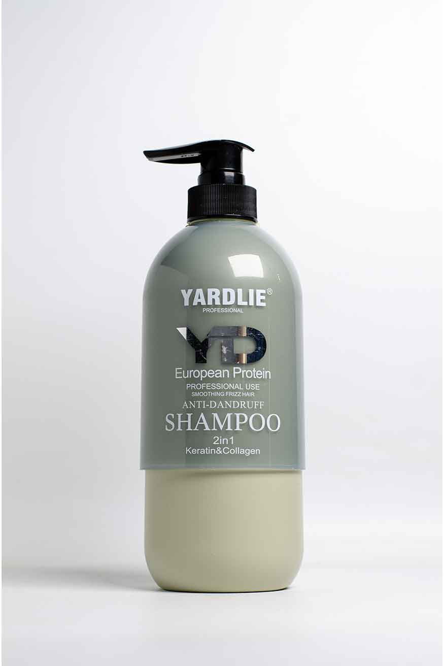 Yardlie Professional YD European Protein Anti Dandruff Shampoo 2 in 1 bottle, Yardlie shampoo bottle with pump on a white background